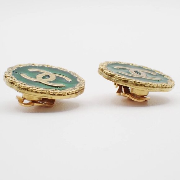 CHANEL CC Logo Earring 95P Clip-On Green Gold GHW Accessory Vintage 87RF631 - Picture 5 of 9